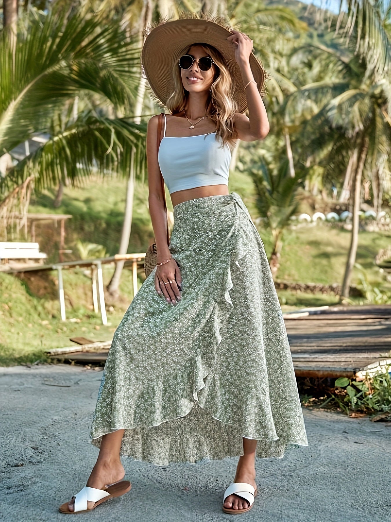 Floral Print Wrap Skirt with Playful Ruffles for Women