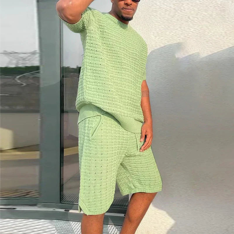 Men's Summer Set in White and Green – Casual Set with Shirt and Shorts
