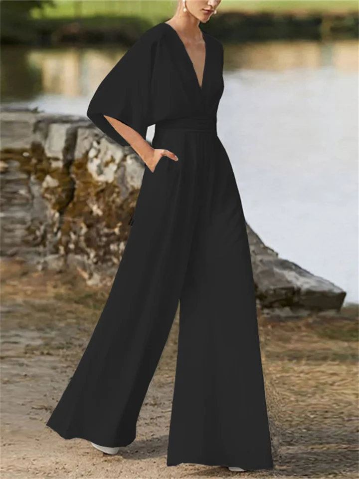 Airy Women's Jumpsuit with V-Neck, Wide Legs and Batwing Sleeves