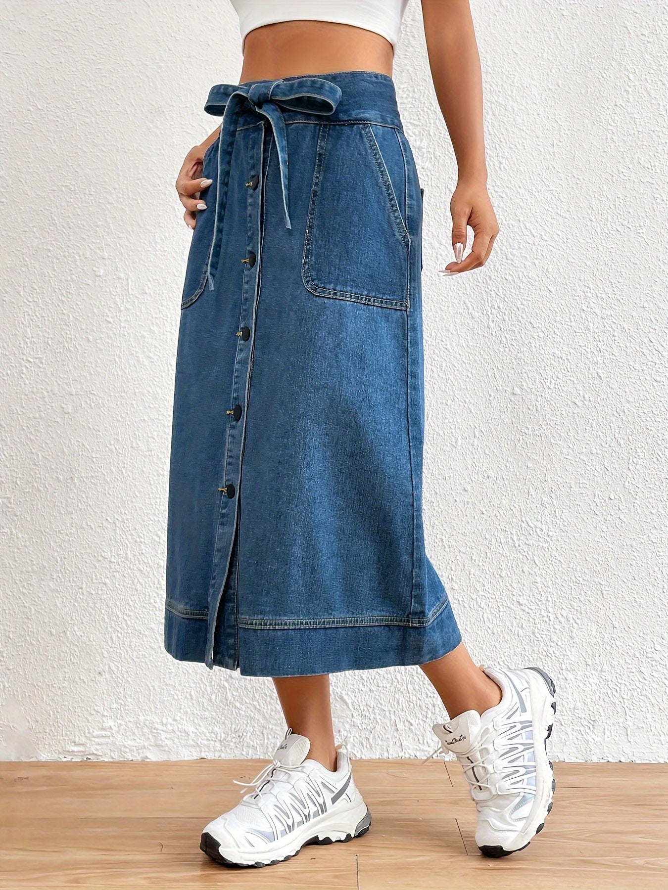 Plain Denim Midi Skirt with Tie Belt for Women