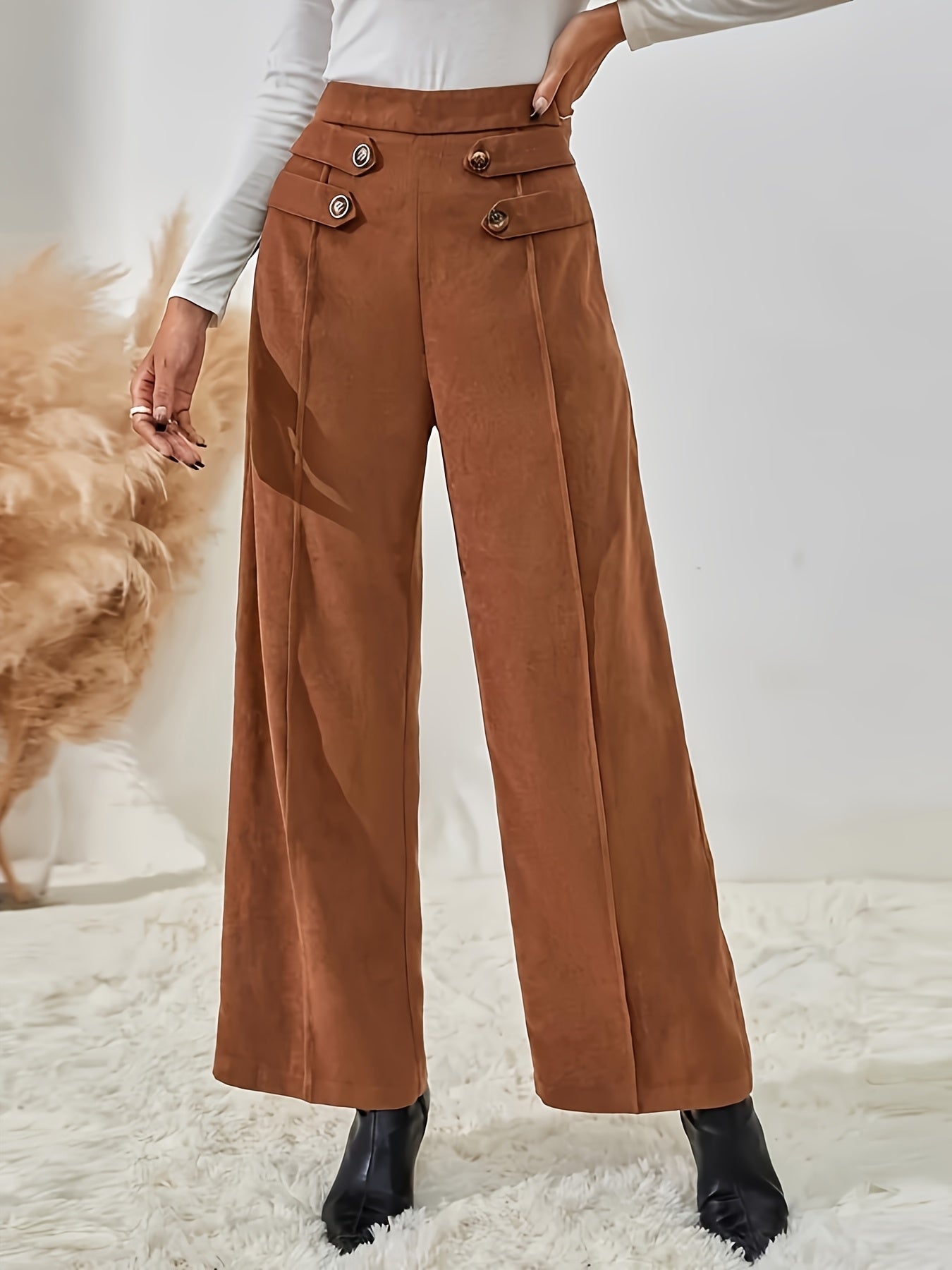 High-Waist Wide Leg Pants – Elegant Button Detail for Spring &amp; Fall