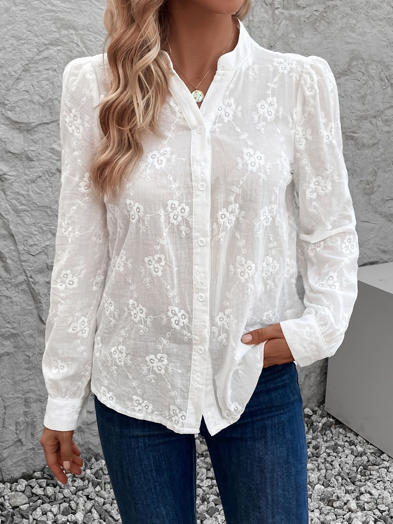 Elegant Lace Blouse for Women with Embroidery and Long Sleeves