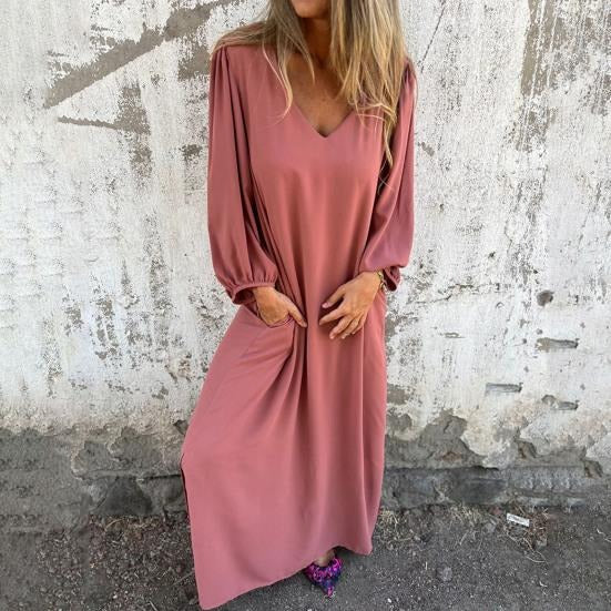Summer Maxi Dress with Balloon Sleeves and V-Neck