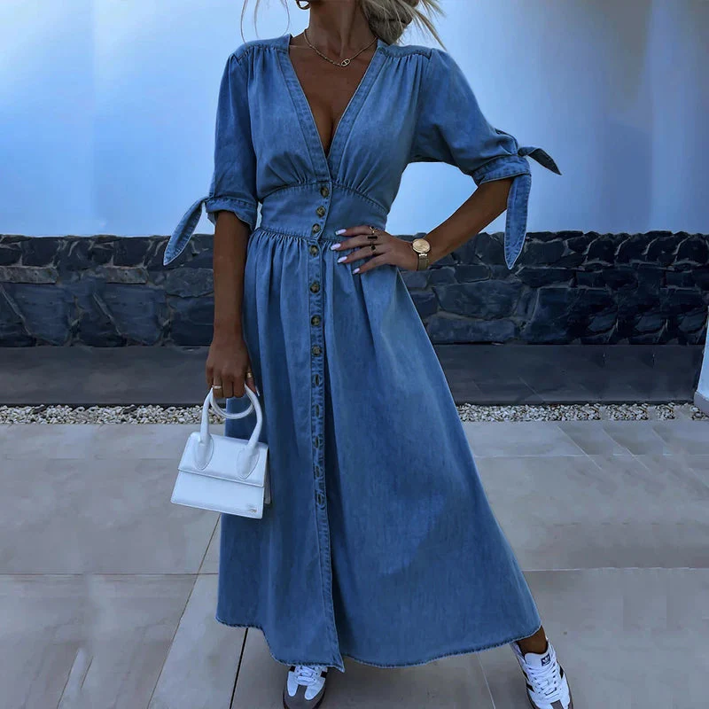 Denim Dress with Tie Sleeves and Fitted Fit