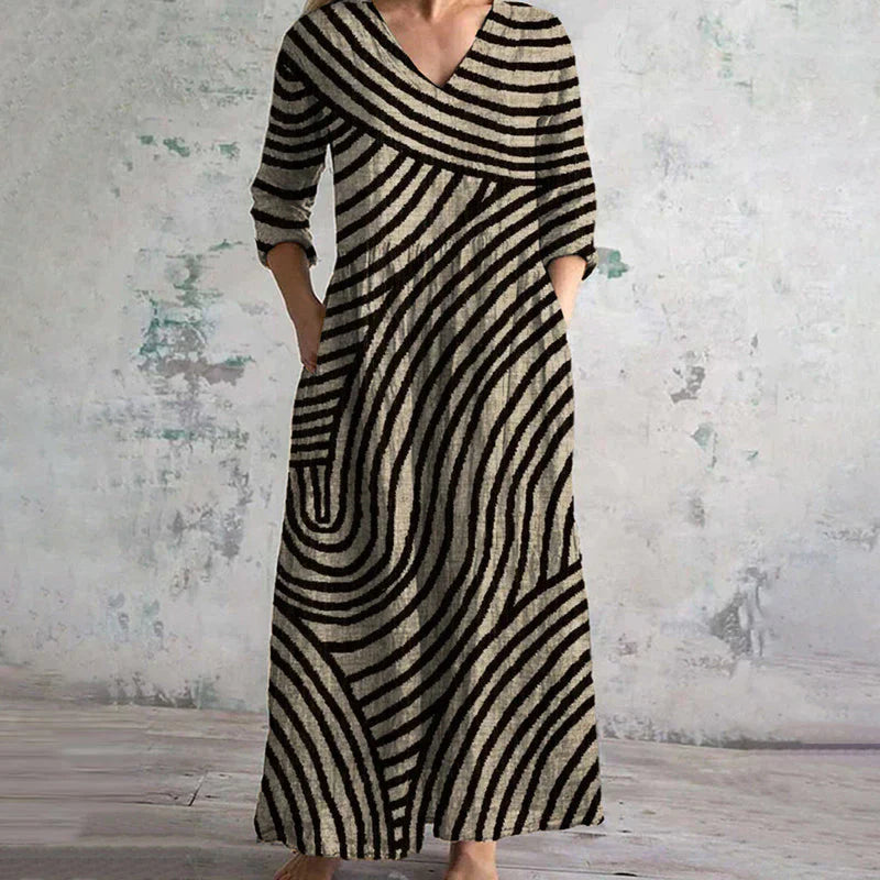 Long Women's Dress with V-Neck and Graphic Pattern