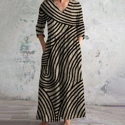 Long Women's Dress with V-Neck and Graphic Pattern