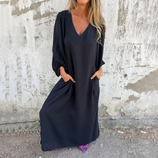 Summer Maxi Dress with Balloon Sleeves and V-Neck