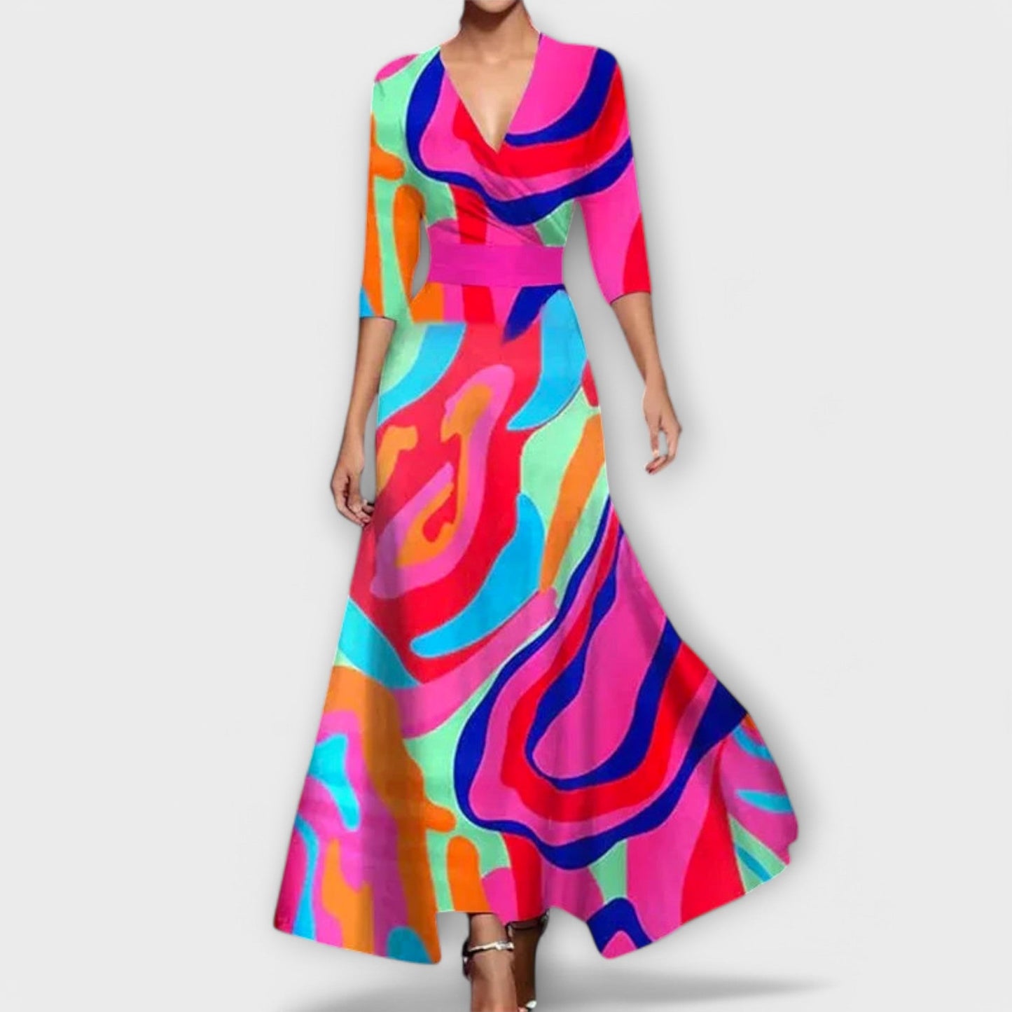 Long Women's Wrap Dress with Three-Quarter Sleeves – Elegant &amp; Flowing