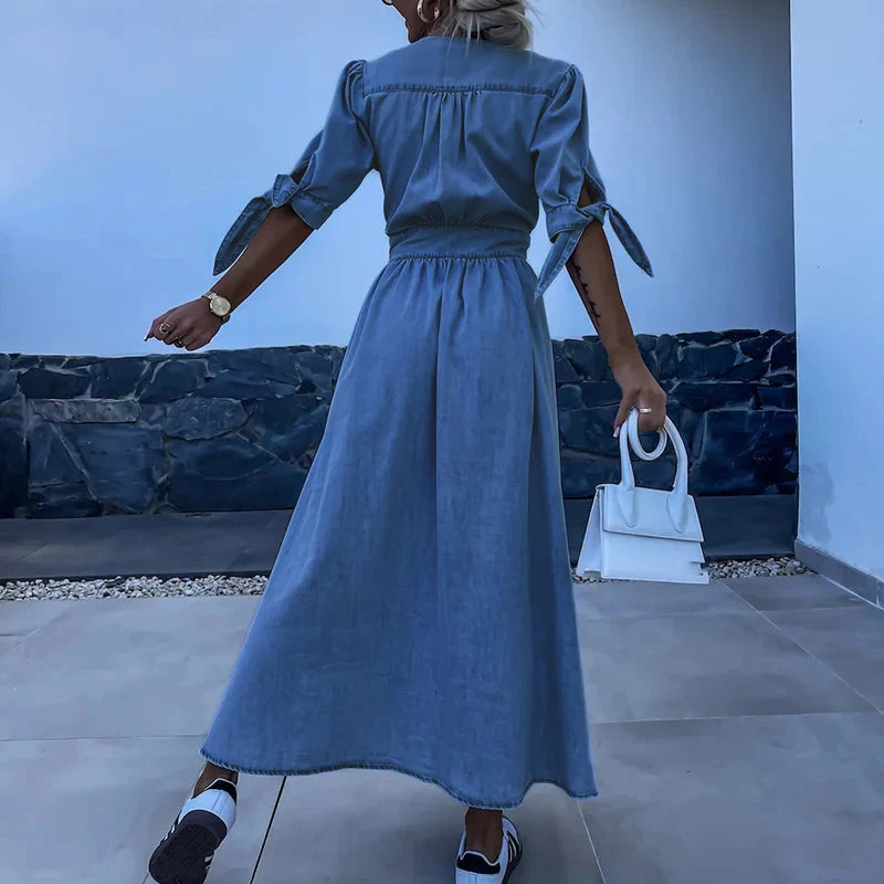 Denim Dress with Tie Sleeves and Fitted Fit