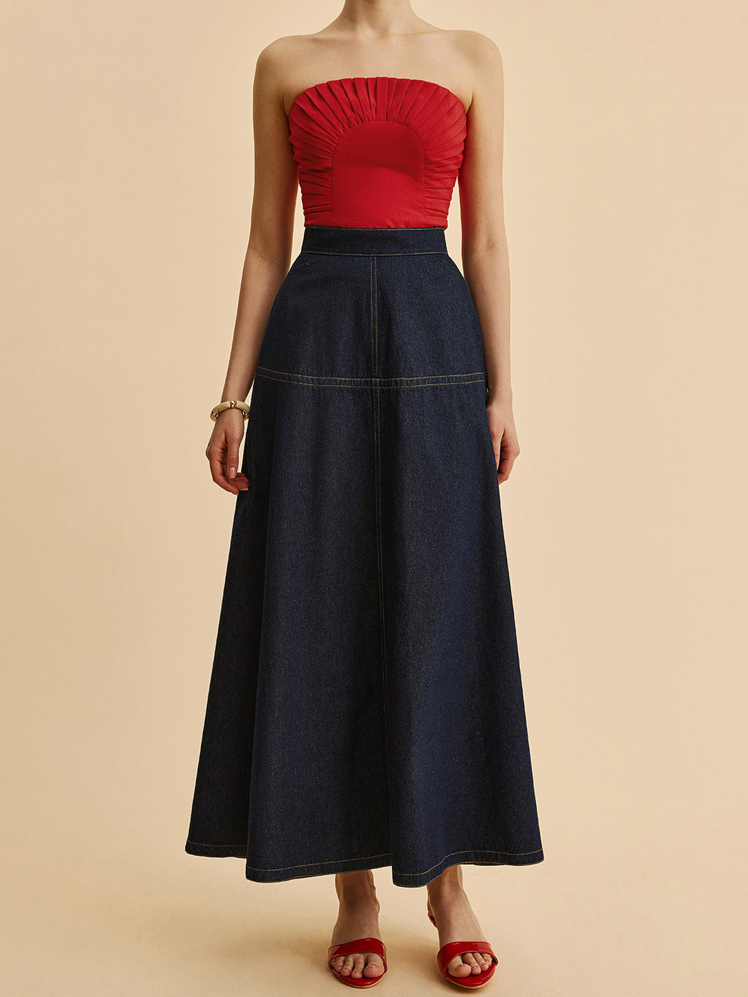 Dark Blue Denim Maxi Skirt – High Waist &amp; Classic Stitching