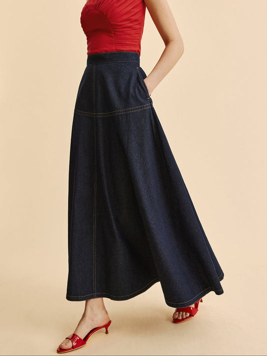 Dark Blue Denim Maxi Skirt – High Waist &amp; Classic Stitching