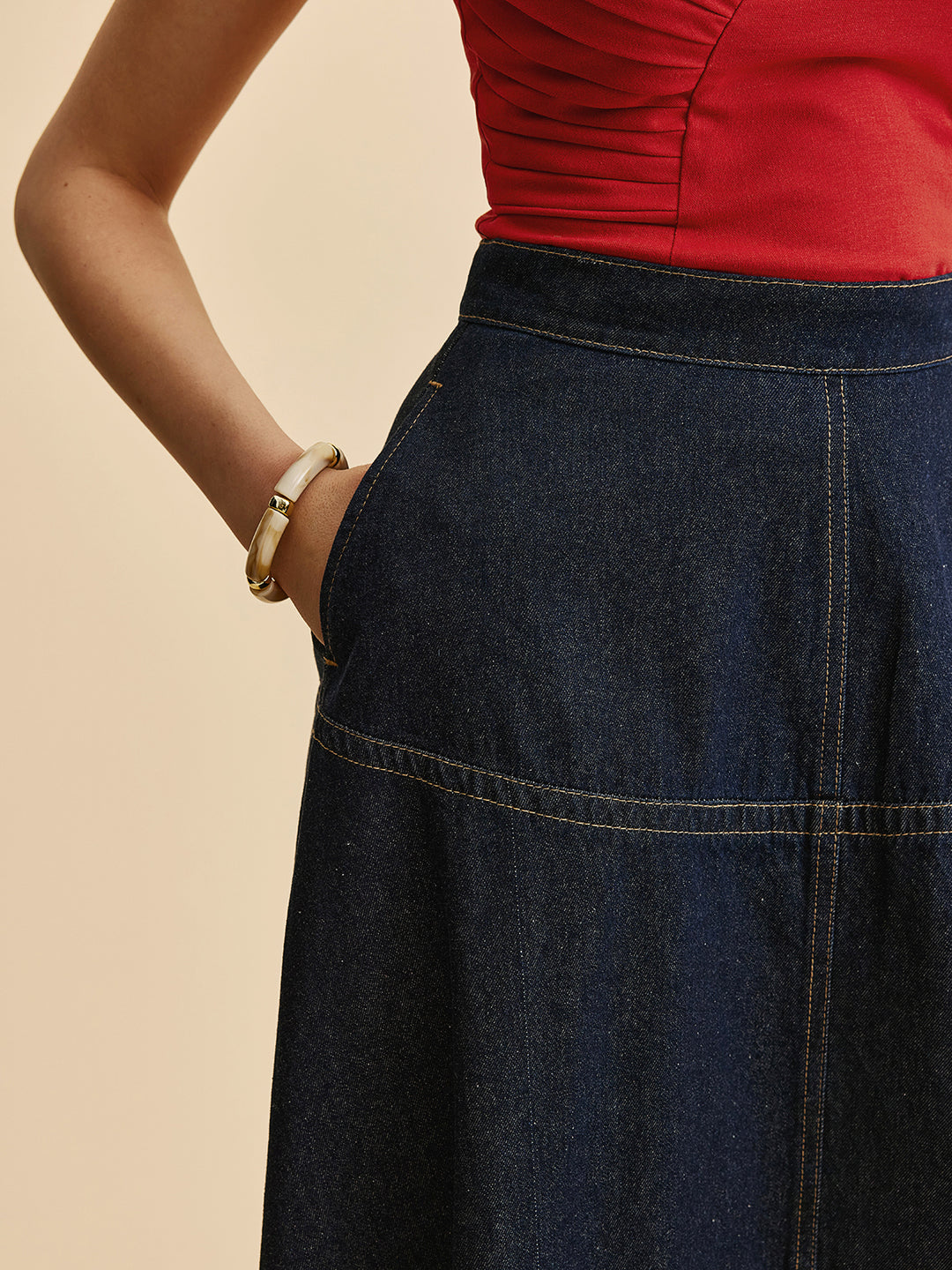 Dark Blue Denim Maxi Skirt – High Waist &amp; Classic Stitching