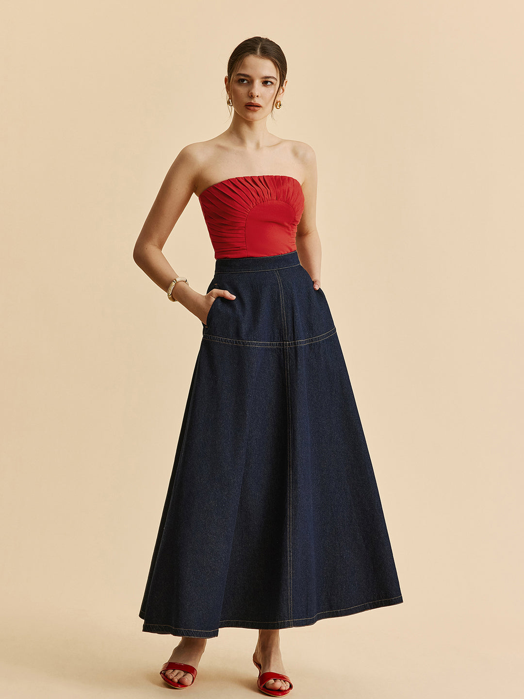 Dark Blue Denim Maxi Skirt – High Waist &amp; Classic Stitching