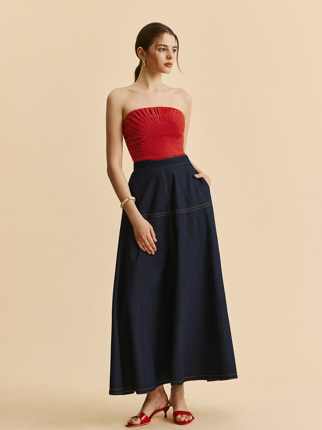 Dark Blue Denim Maxi Skirt – High Waist &amp; Classic Stitching