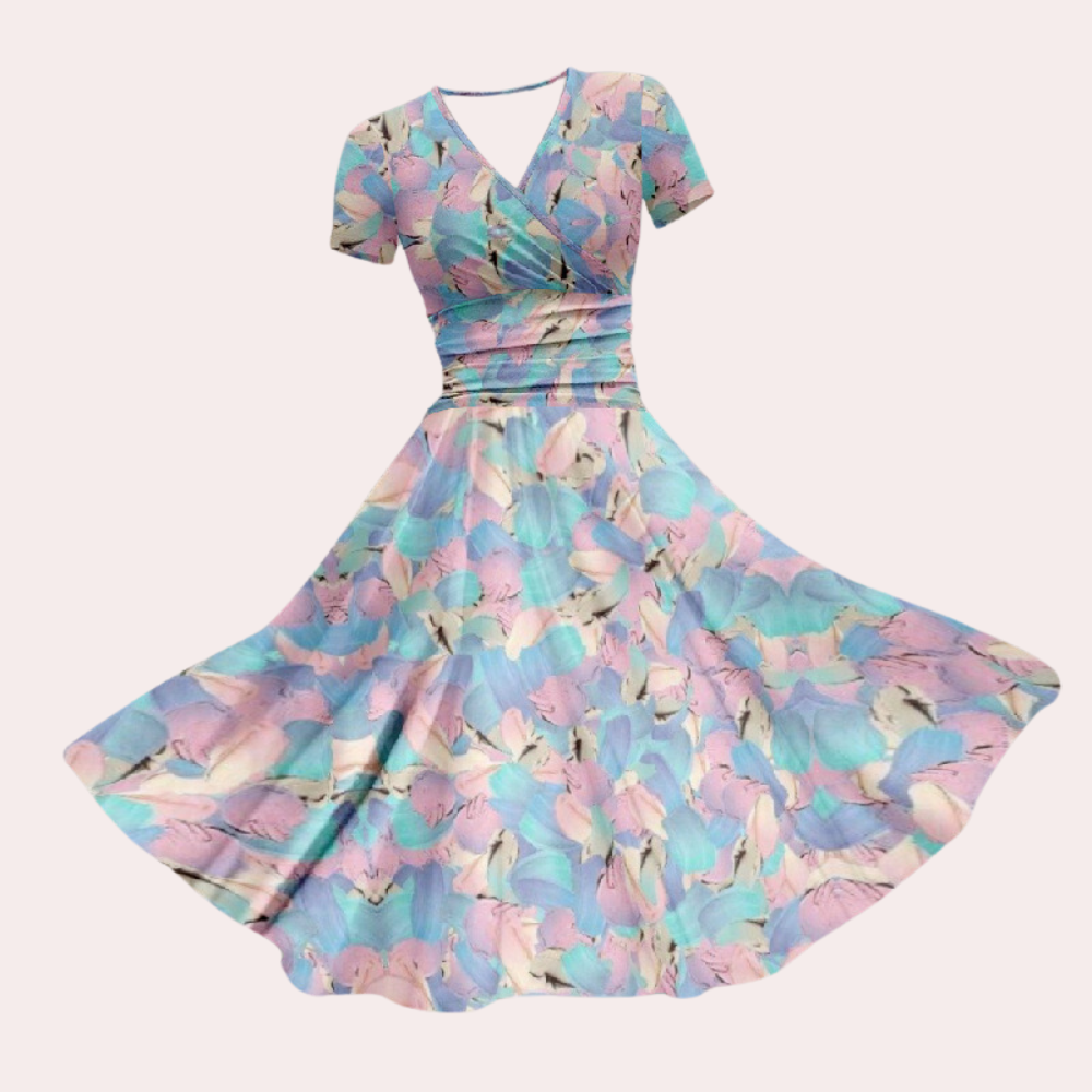 Colorful women's midi dress with V-neck