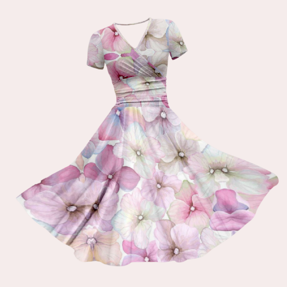 Colorful women's midi dress with V-neck