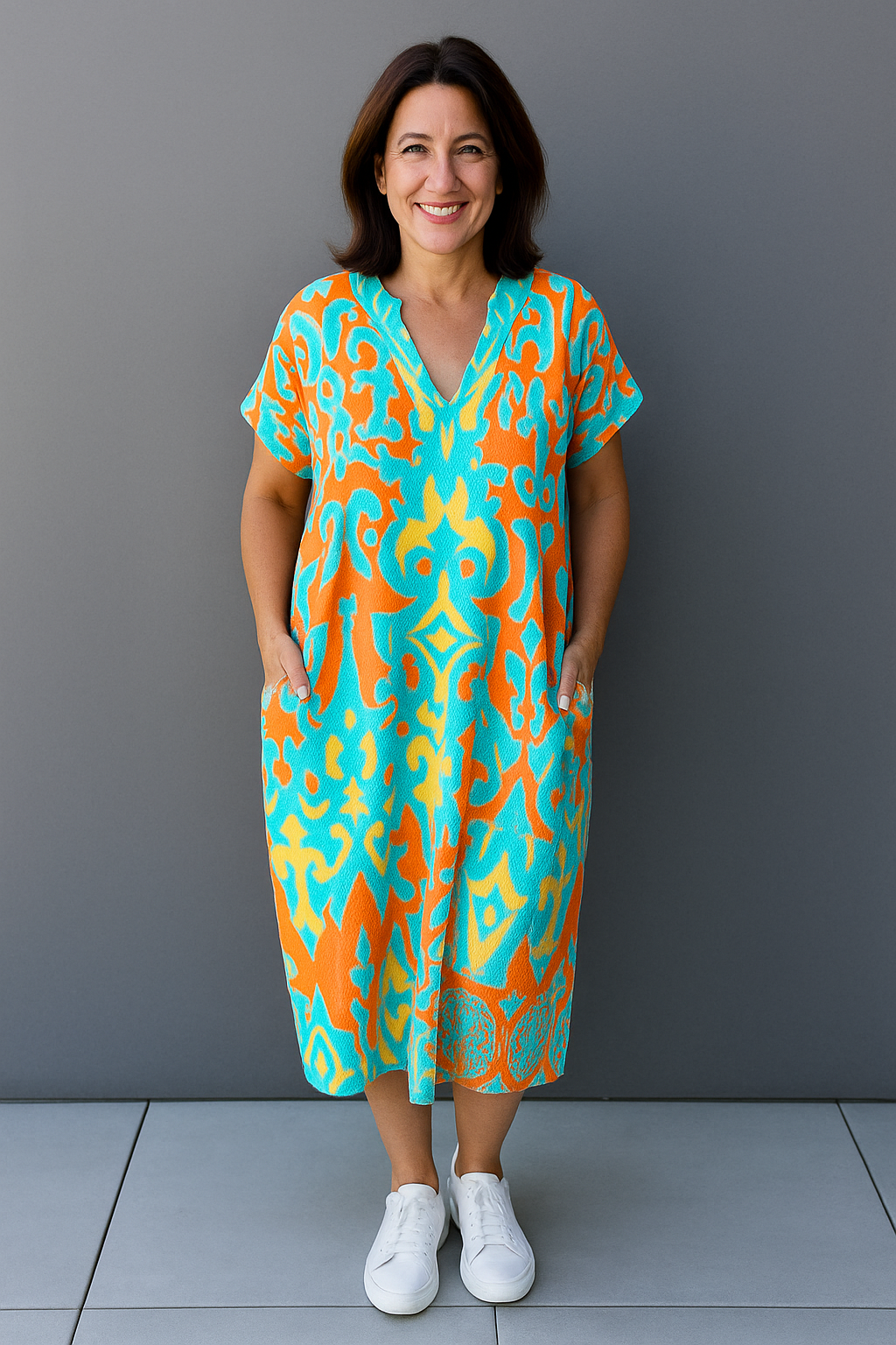 Long Women's Kaftan Dress with a Cheerful Print and an Airy Fit