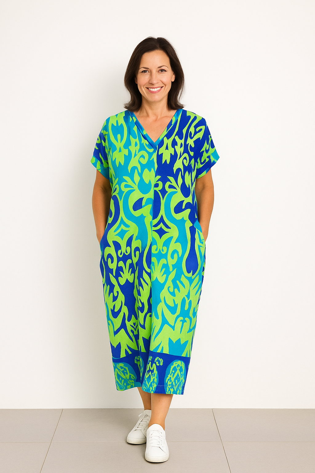 Long Women's Kaftan Dress with a Cheerful Print and an Airy Fit