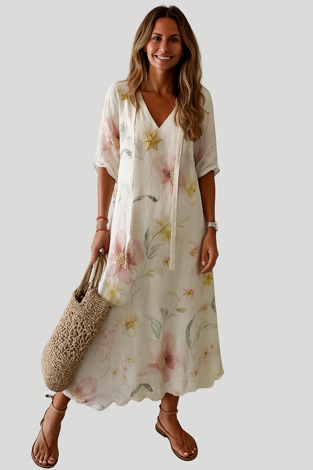 Elegant Women's V-Neck Dress with Print and Flattering Fit