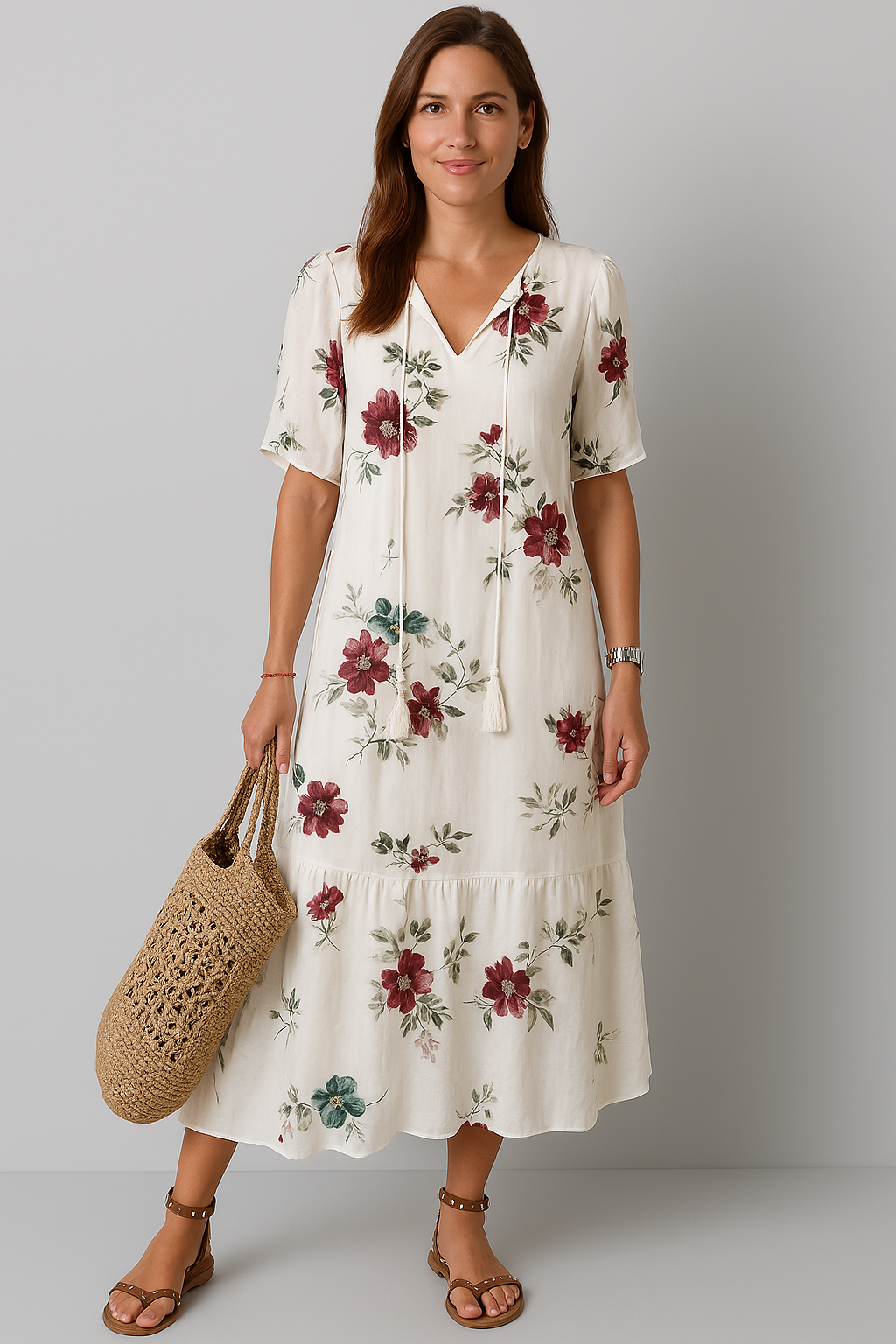 Elegant Women's V-Neck Dress with Print and Flattering Fit