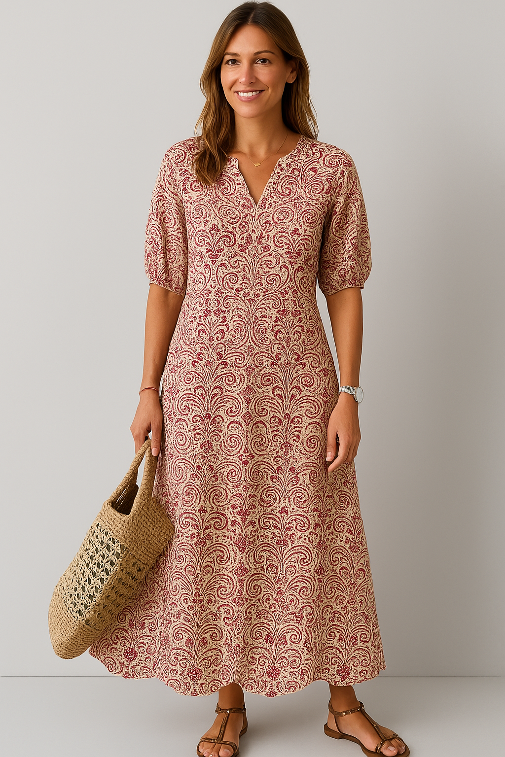 Elegant Women's V-Neck Dress with Print and Flattering Fit