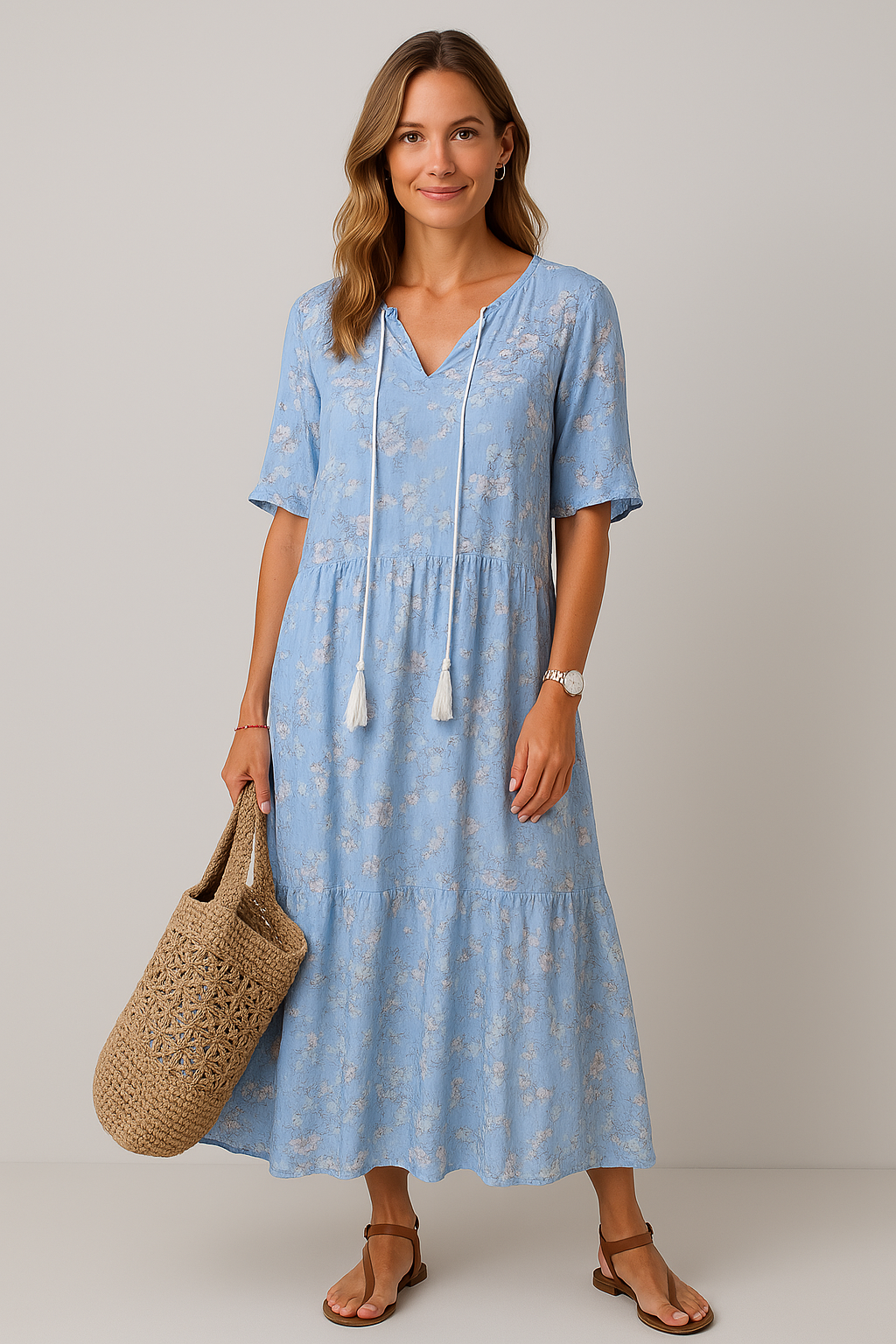 Elegant Women's V-Neck Dress with Print and Flattering Fit