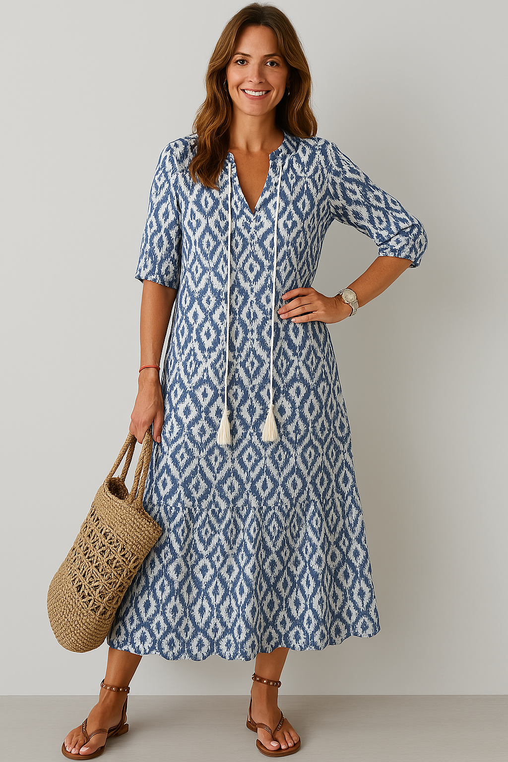 Elegant Women's V-Neck Dress with Print and Flattering Fit