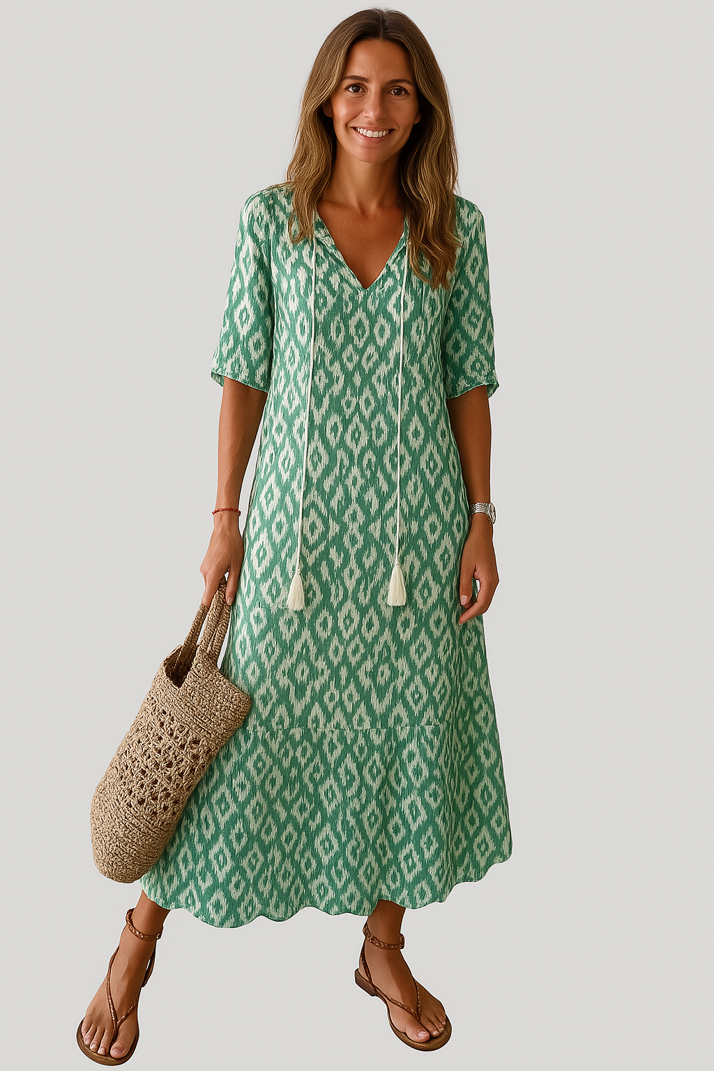 Elegant Women's V-Neck Dress with Print and Flattering Fit