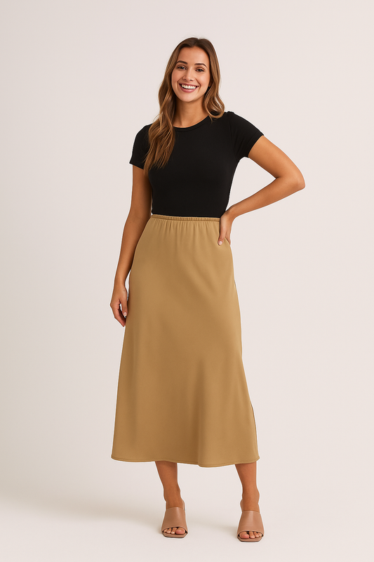 Shiny A-line Midi Skirt – Satin Look &amp; Comfort