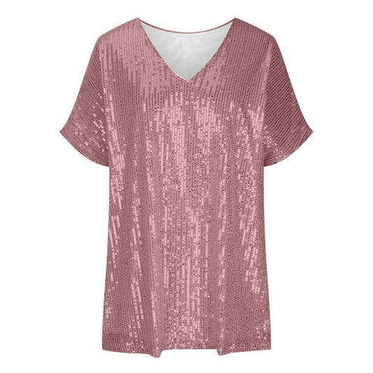 Sparkling Sequin T-Shirt with Elegant V-Neck for Women