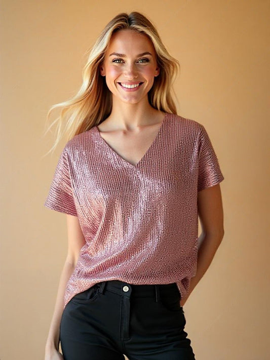 Sparkling Sequin T-Shirt with Elegant V-Neck for Women