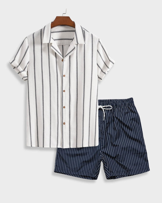 Striped Men's Summer Set with Shirt and Pants in Breathable Cotton