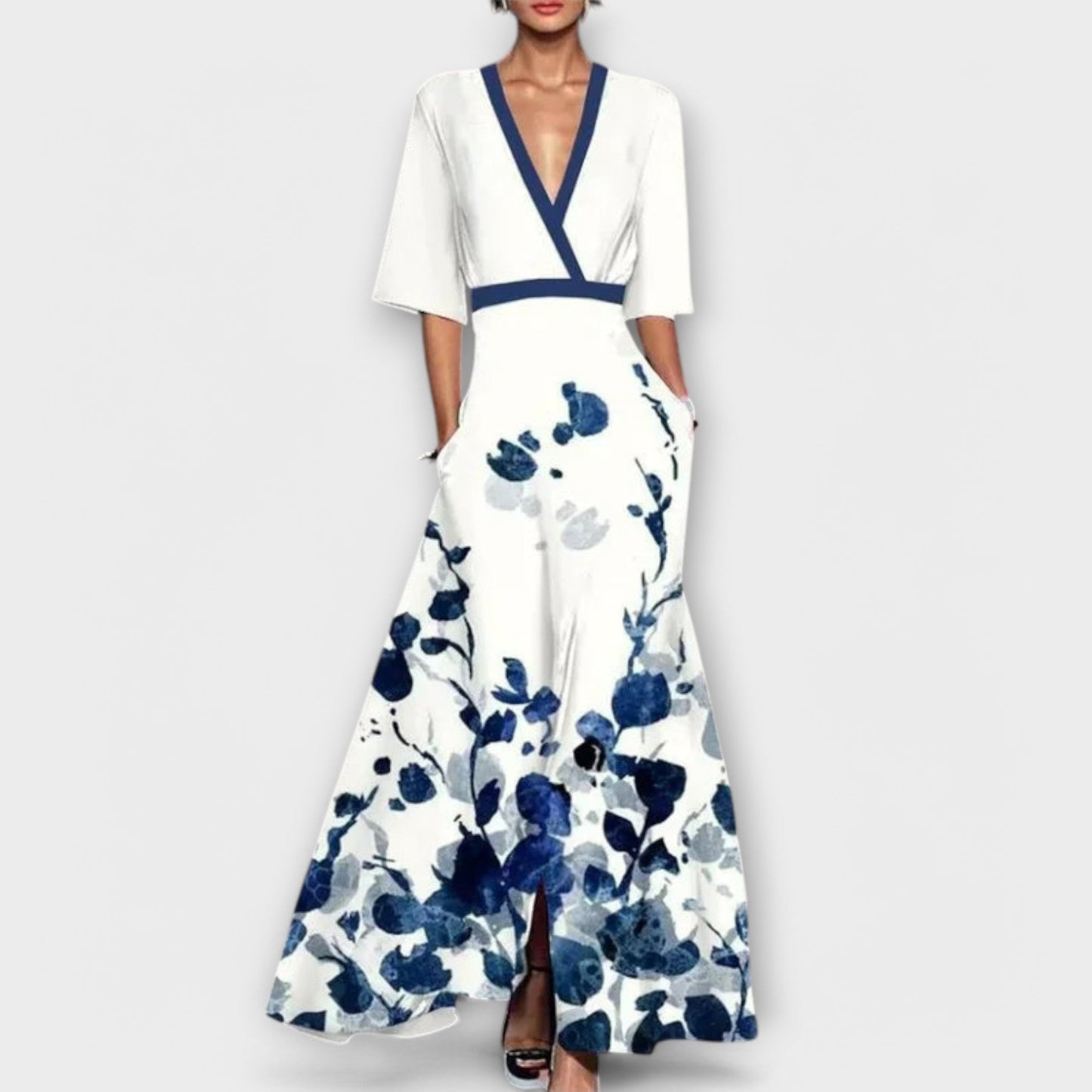 Long Women's Wrap Dress with Three-Quarter Sleeves – Elegant &amp; Flowing