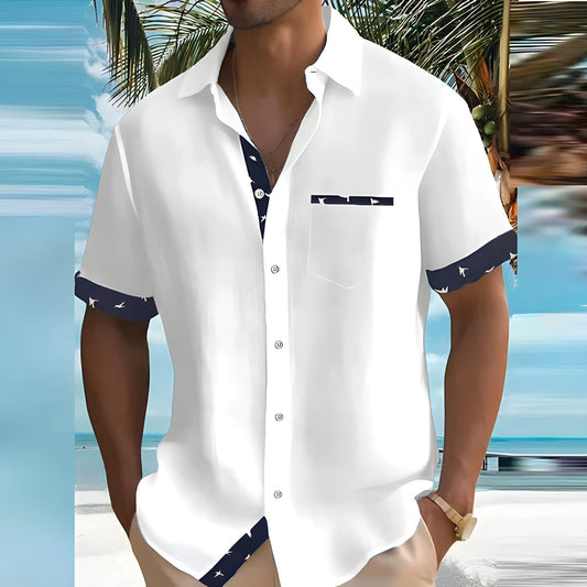 Summer Men's Shirt with Short Sleeves and Bird Print
