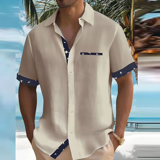 Summer Men's Shirt with Short Sleeves and Bird Print