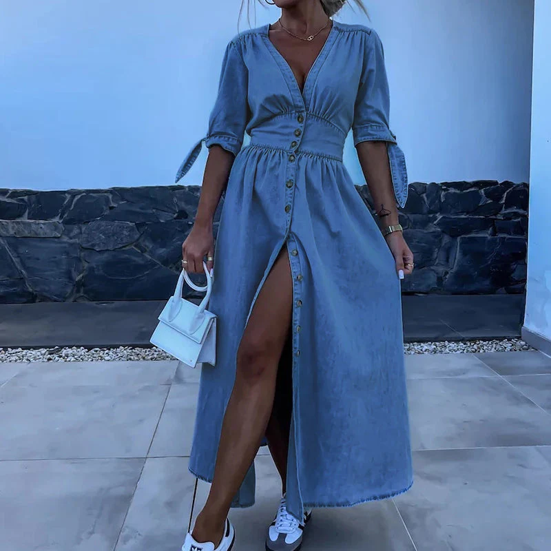 Denim Dress with Tie Sleeves and Fitted Fit