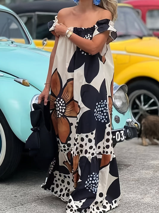 Plus Size Boho Maxi Dress with Floral Print and Off-the-Shoulder Neckline