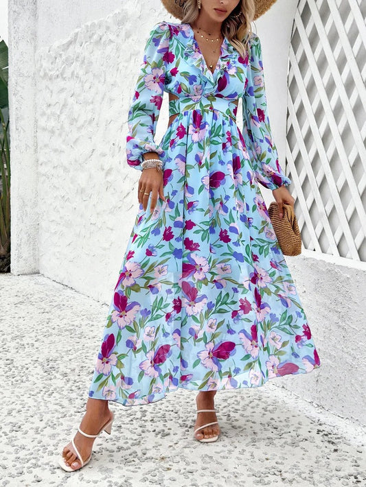 Airy Holiday Dress with V-Neck and Print – Comfortable Fit for Women