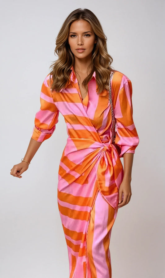 Striped Wrap Dress Women – Vibrant &amp; Chic Summer Dress with Waistband