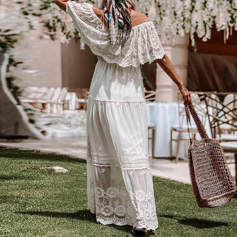Romantic Maxi Dress with Off-Shoulder Neckline and Lace Details – For Women