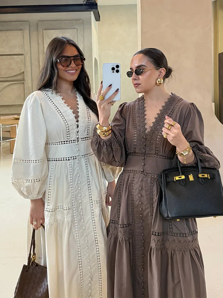 Elegant Women's Dress with V-Neck, Long Sleeves and Puff Details