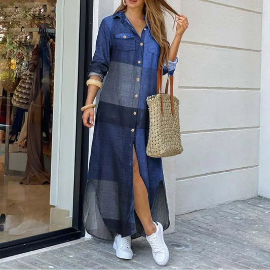 Denim-Style Maxi Dress with Button Closure &amp; Long Sleeves