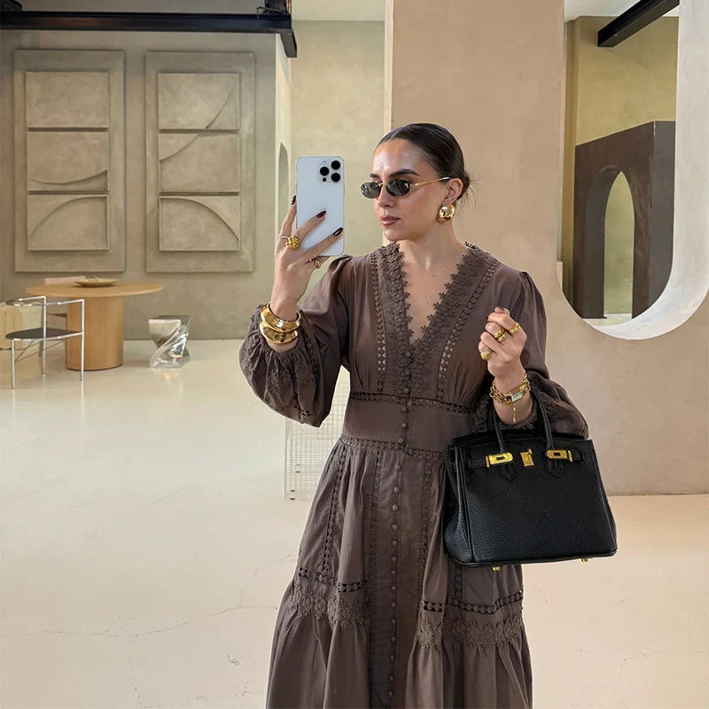 Elegant Women's Dress with V-Neck, Long Sleeves and Puff Details