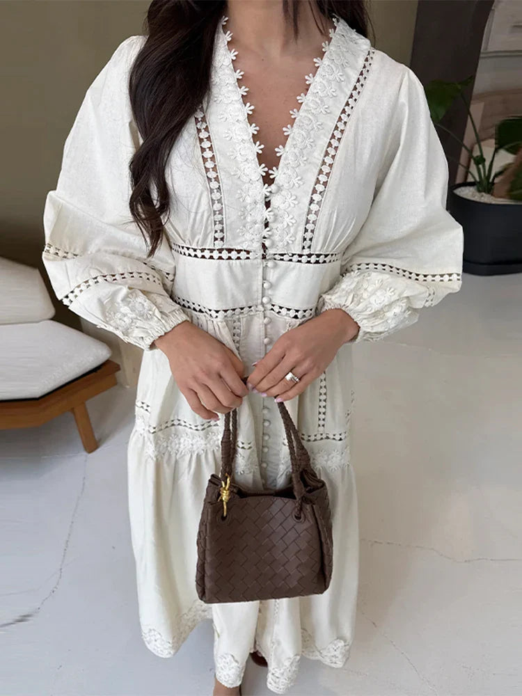 Elegant Women's Dress with V-Neck, Long Sleeves and Puff Details