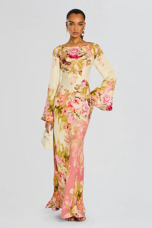 Long Women's Dress with Floral Print and Wide Sleeves - Elegant and Airy