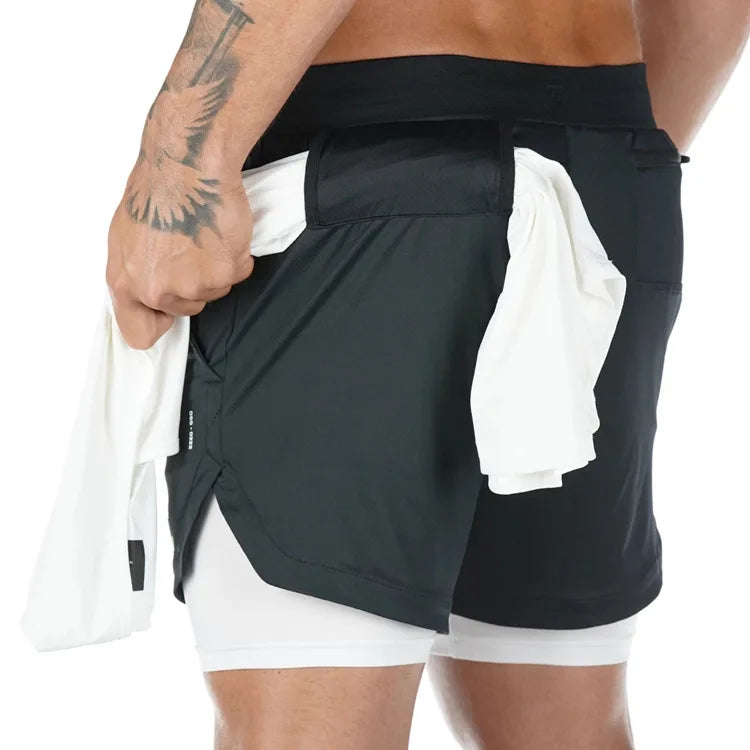 Men's 2-in-1 Running Shorts with Compression Pants and Zip Pocket 