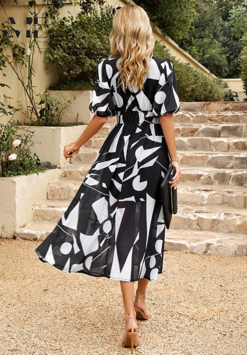 Elegant Women's Midi Dress with V-Neck and Puff Sleeves