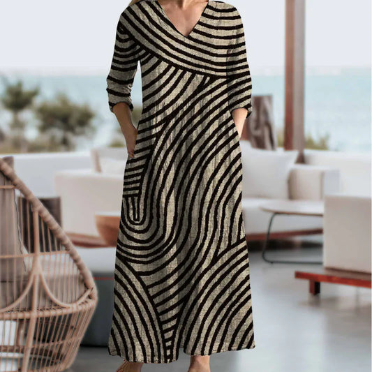 Long Women's Dress with V-Neck and Graphic Pattern