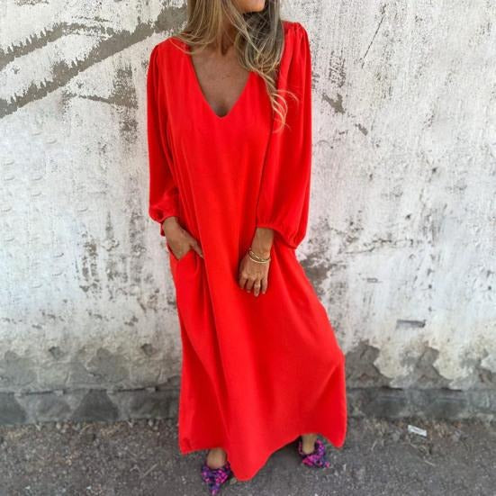 Summer Maxi Dress with Balloon Sleeves and V-Neck