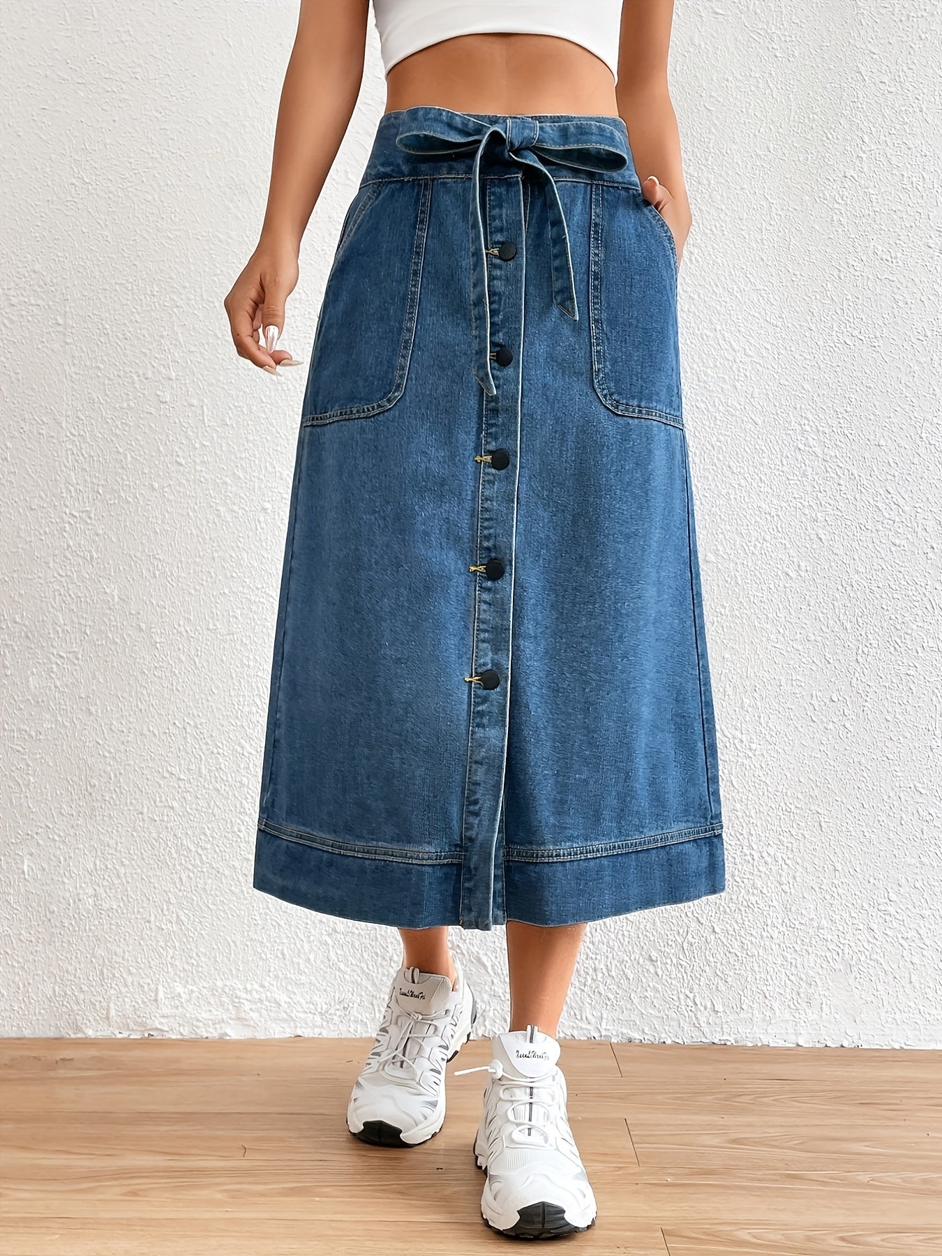 Plain Denim Midi Skirt with Tie Belt for Women